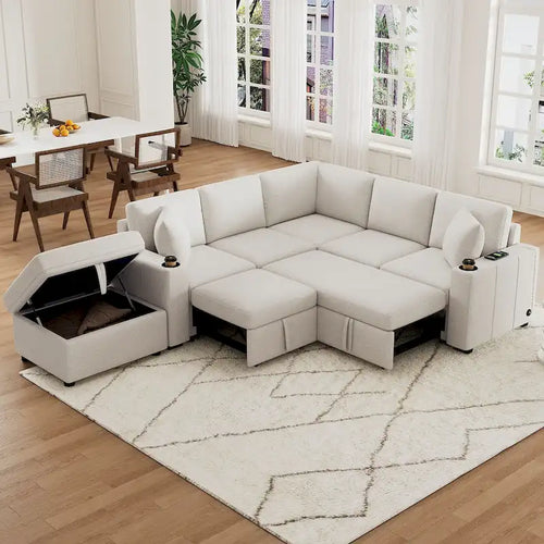 84.7  Chenille Sleeper Sectional Sofa with Storage & USB Ports