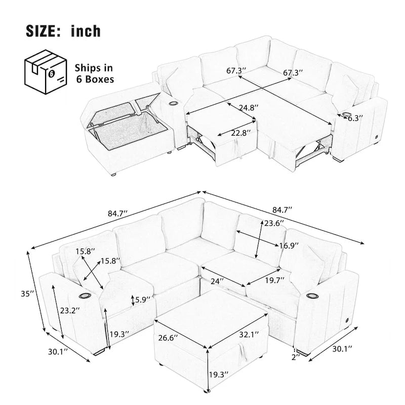 84.7  Chenille Sleeper Sectional Sofa with Storage & USB Ports