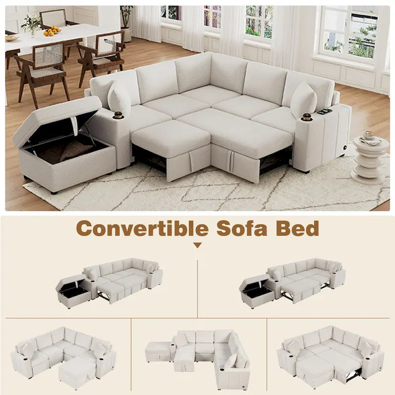 84.7  Chenille Sleeper Sectional Sofa with Storage & USB Ports