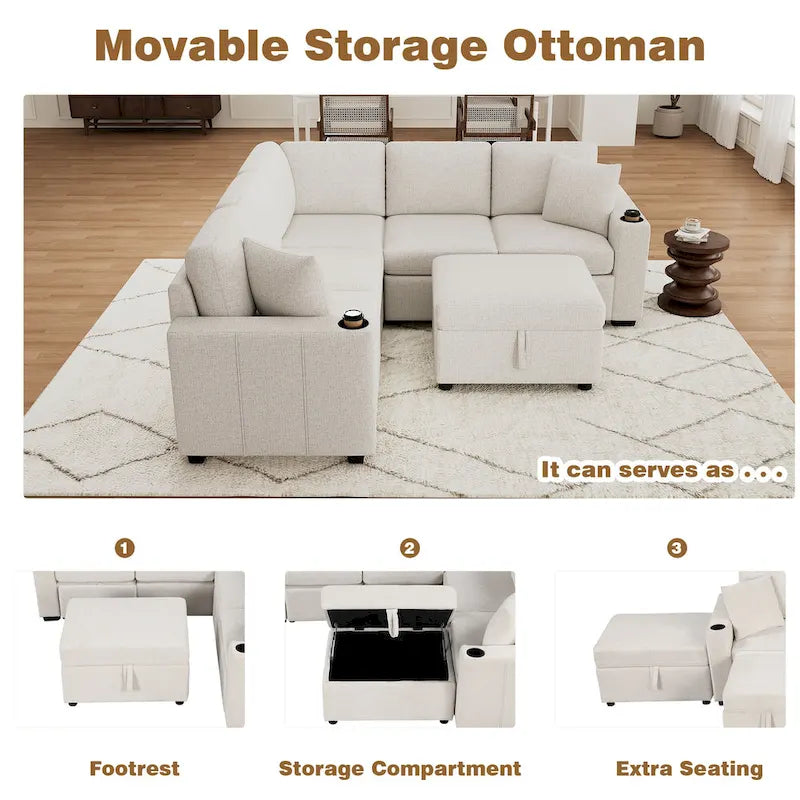 84.7  Chenille Sleeper Sectional Sofa with Storage & USB Ports