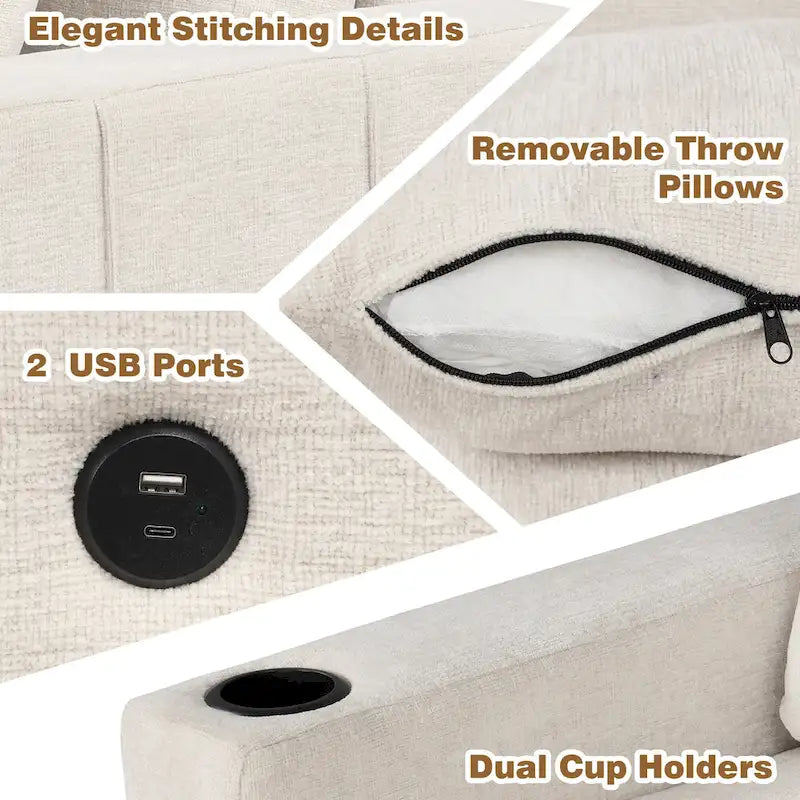 84.7  Chenille Sleeper Sectional Sofa with Storage & USB Ports