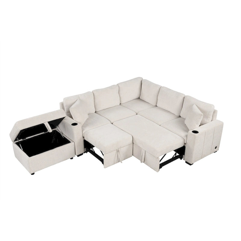 84.7  Chenille Sleeper Sectional Sofa with Storage & USB Ports