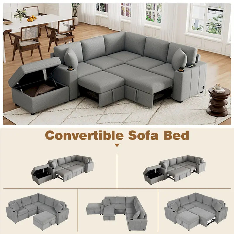 84.7  Chenille Sleeper Sectional Sofa with Storage & USB Ports