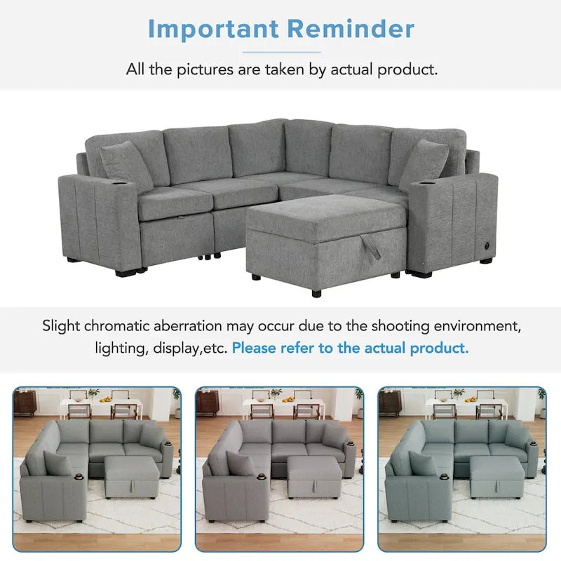 84.7  Chenille Sleeper Sectional Sofa with Storage & USB Ports