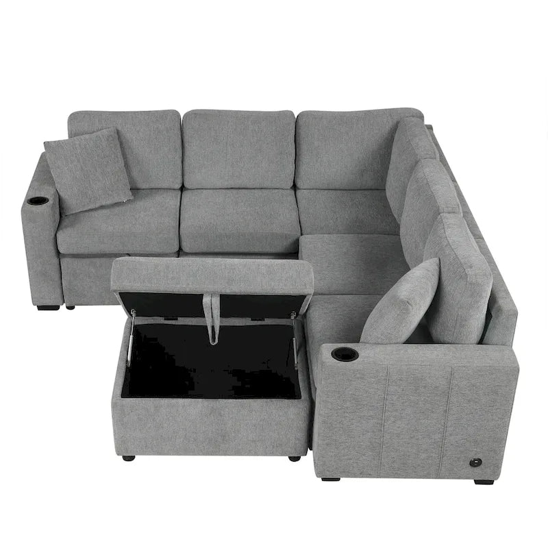 84.7  Chenille Sleeper Sectional Sofa with Storage & USB Ports