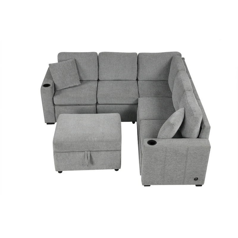 84.7  Chenille Sleeper Sectional Sofa with Storage & USB Ports