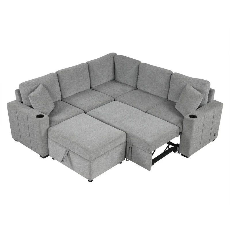 84.7  Chenille Sleeper Sectional Sofa with Storage & USB Ports
