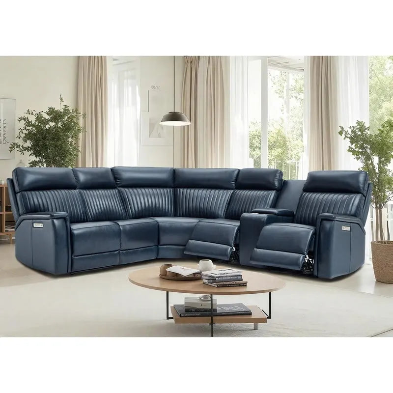 Genuine Leather Power Recliner Sectional Sofa with Console, Ajustable Headrest, USB&USB-C Port, 1 Power Armlesschair
