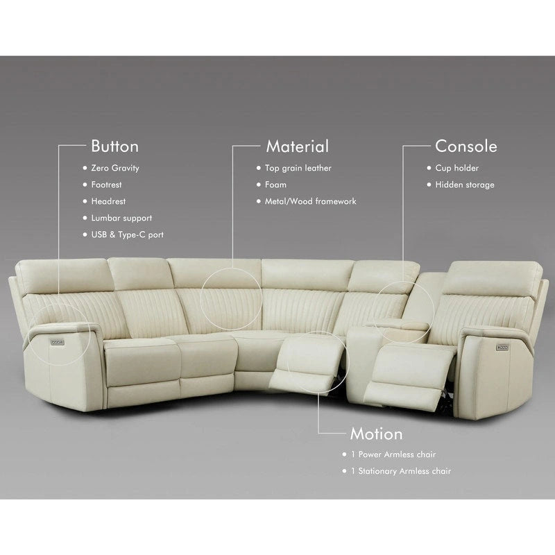 Genuine Leather Power Recliner Sectional Sofa with Console, Ajustable Headrest, USB&USB-C Port, 1 Power Armlesschair