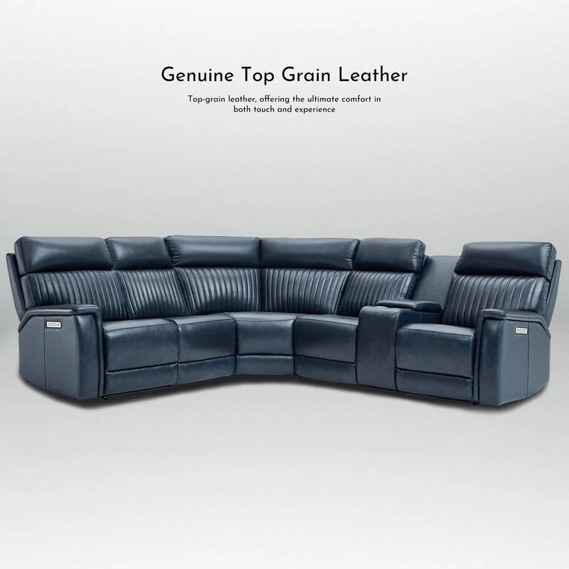 Genuine Leather Power Recliner Sectional Sofa with Console, Ajustable Headrest, USB&USB-C Port, 1 Power Armlesschair