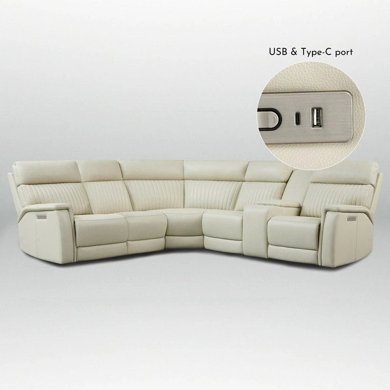 Genuine Leather Power Recliner Sectional Sofa with Console, Ajustable Headrest, USB&USB-C Port, 1 Power Armlesschair