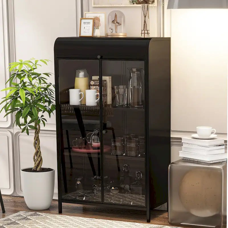 47.6 Tall Metal Cabinet with Glass Doors&Flip-Top,4-Tier Display Cabinet with Open Shelves,Freestanding Steel Sideboard Buffet