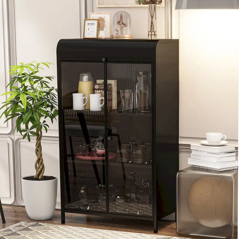 47.6 Tall Metal Cabinet with Glass Doors&Flip-Top,4-Tier Display Cabinet with Open Shelves,Freestanding Steel Sideboard Buffet