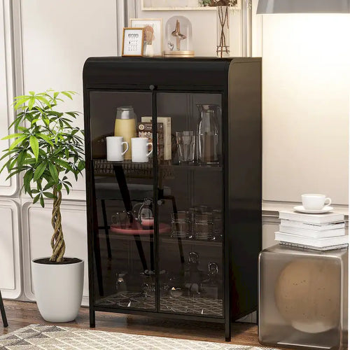 47.6 Tall Metal Cabinet with Glass Doors&Flip-Top,4-Tier Display Cabinet with Open Shelves,Freestanding Steel Sideboard Buffet