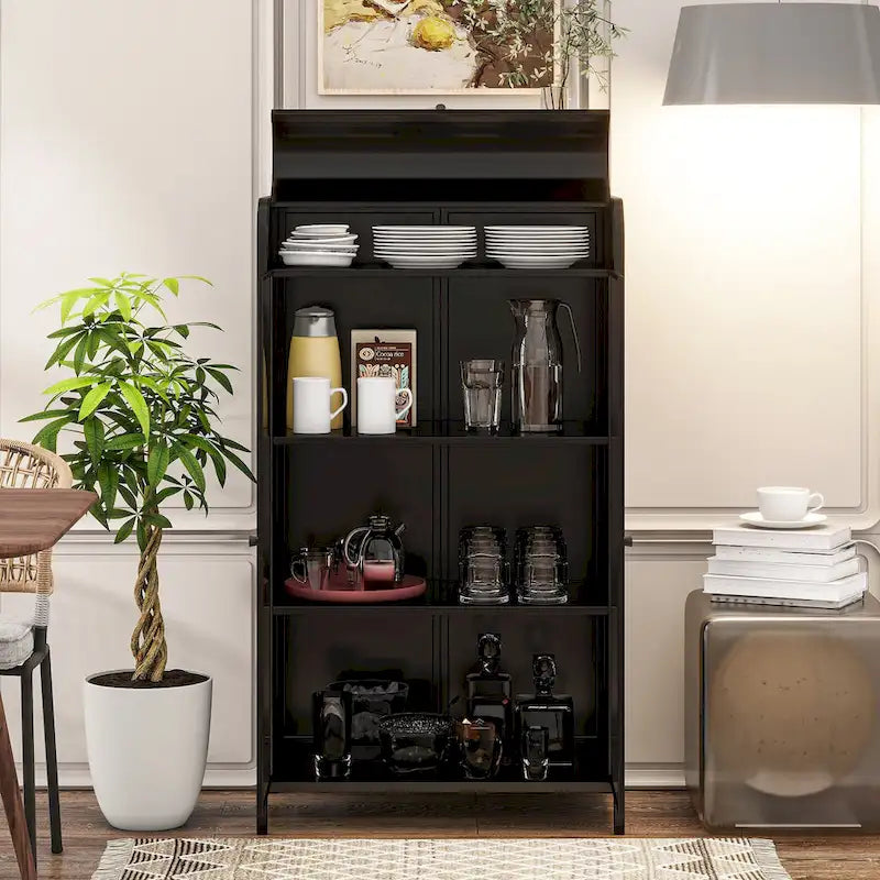 47.6 Tall Metal Cabinet with Glass Doors&Flip-Top,4-Tier Display Cabinet with Open Shelves,Freestanding Steel Sideboard Buffet