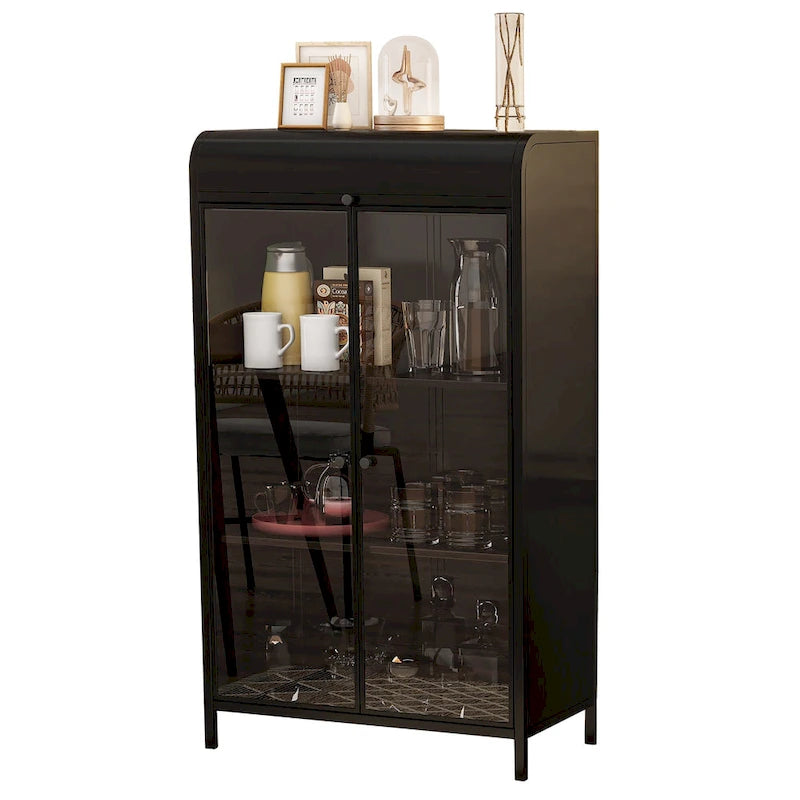 47.6 Tall Metal Cabinet with Glass Doors&Flip-Top,4-Tier Display Cabinet with Open Shelves,Freestanding Steel Sideboard Buffet