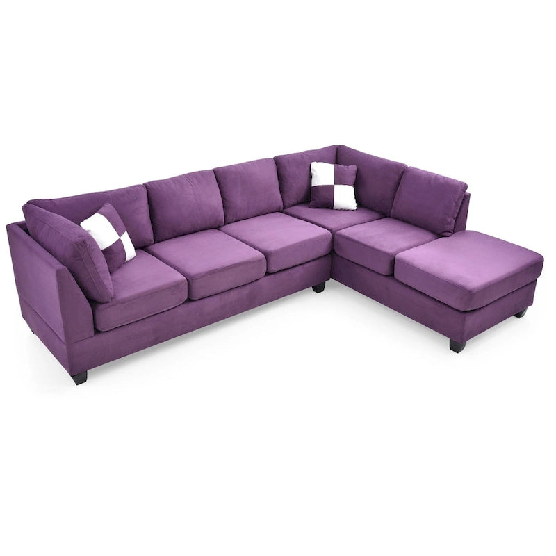 Reversible Microsuede 4-Seater Sectional Sofa with Throw Pillows - 111  - Purple