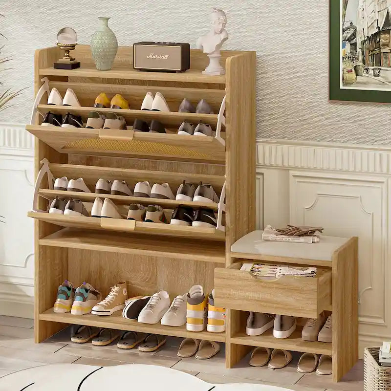 47.2  Rattan Shoe Storage Cabinet with 2 Flip Drawers, Narrow Shoe Rack Cabinet with 1 Storage Drawer & Bench for Hallway