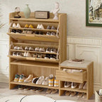 47.2  Rattan Shoe Storage Cabinet with 2 Flip Drawers, Narrow Shoe Rack Cabinet with 1 Storage Drawer & Bench for Hallway