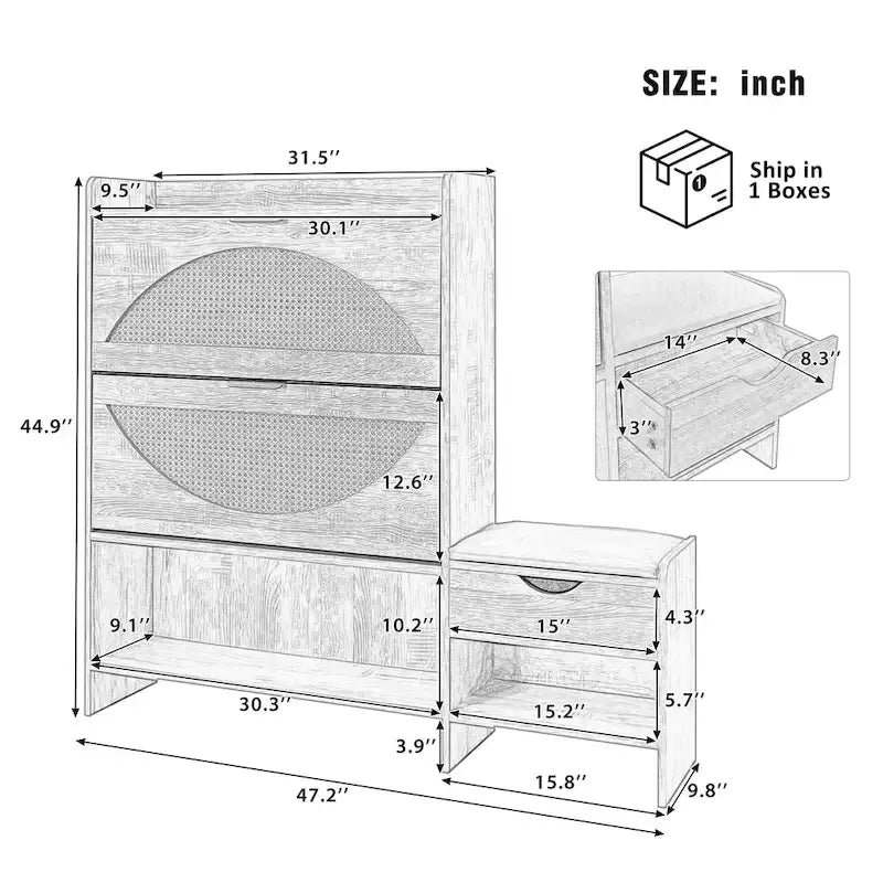 47.2  Rattan Shoe Storage Cabinet with 2 Flip Drawers, Narrow Shoe Rack Cabinet with 1 Storage Drawer & Bench for Hallway