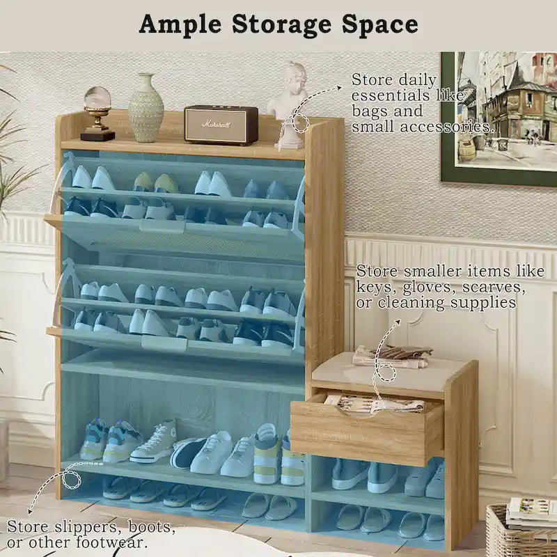 47.2  Rattan Shoe Storage Cabinet with 2 Flip Drawers, Narrow Shoe Rack Cabinet with 1 Storage Drawer & Bench for Hallway
