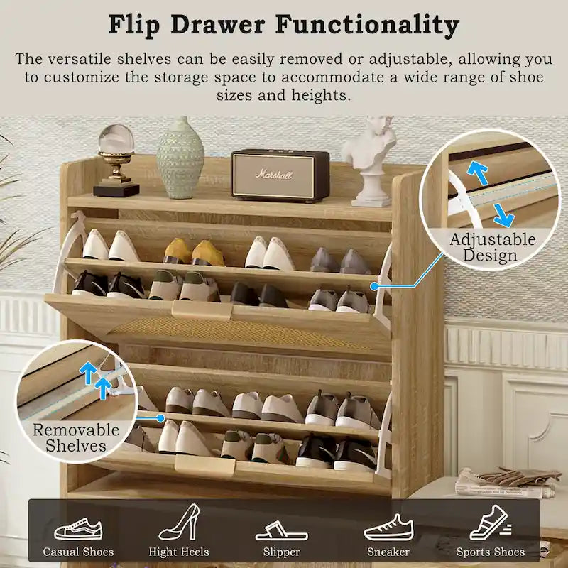 47.2  Rattan Shoe Storage Cabinet with 2 Flip Drawers, Narrow Shoe Rack Cabinet with 1 Storage Drawer & Bench for Hallway