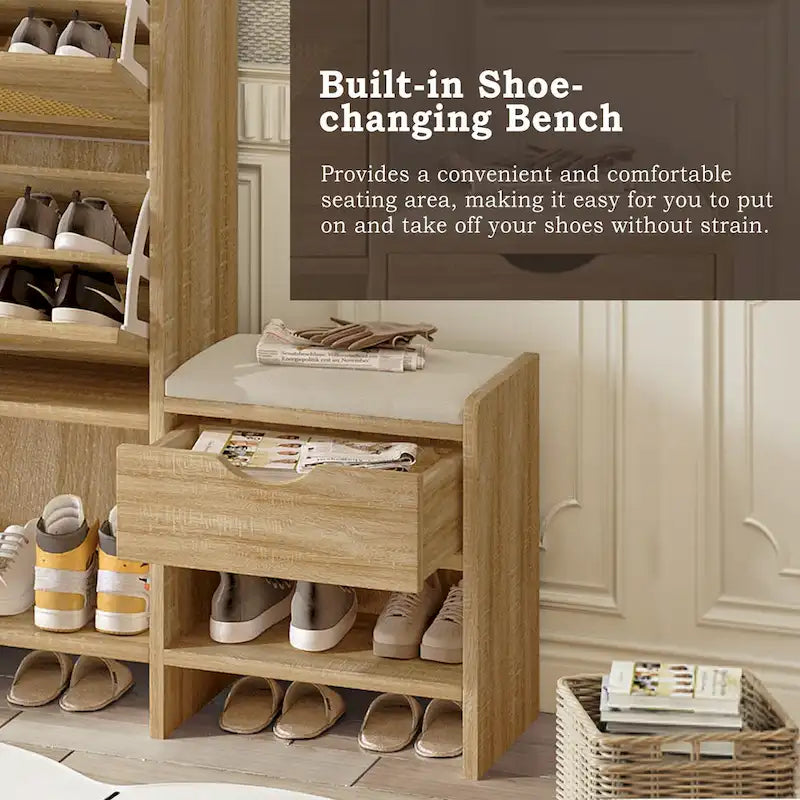 47.2  Rattan Shoe Storage Cabinet with 2 Flip Drawers, Narrow Shoe Rack Cabinet with 1 Storage Drawer & Bench for Hallway
