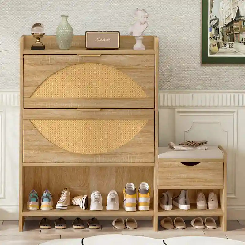 47.2  Rattan Shoe Storage Cabinet with 2 Flip Drawers, Narrow Shoe Rack Cabinet with 1 Storage Drawer & Bench for Hallway