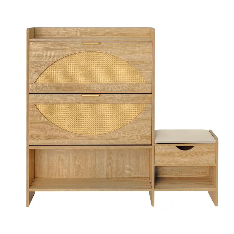 47.2  Rattan Shoe Storage Cabinet with 2 Flip Drawers, Narrow Shoe Rack Cabinet with 1 Storage Drawer & Bench for Hallway