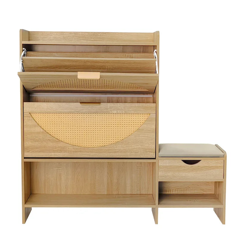 47.2  Rattan Shoe Storage Cabinet with 2 Flip Drawers, Narrow Shoe Rack Cabinet with 1 Storage Drawer & Bench for Hallway