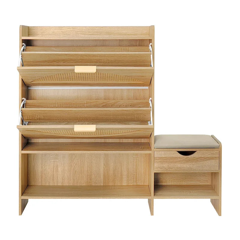 47.2  Rattan Shoe Storage Cabinet with 2 Flip Drawers, Narrow Shoe Rack Cabinet with 1 Storage Drawer & Bench for Hallway