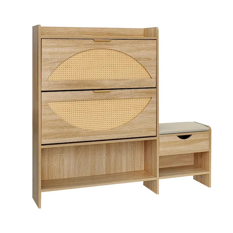 47.2  Rattan Shoe Storage Cabinet with 2 Flip Drawers, Narrow Shoe Rack Cabinet with 1 Storage Drawer & Bench for Hallway