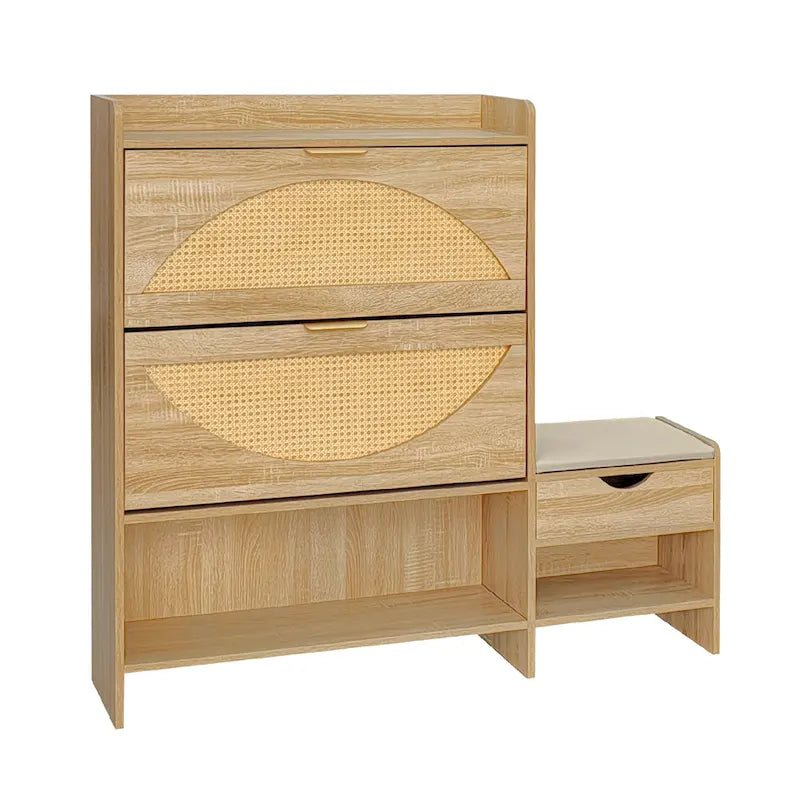 47.2  Rattan Shoe Storage Cabinet with 2 Flip Drawers, Narrow Shoe Rack Cabinet with 1 Storage Drawer & Bench for Hallway
