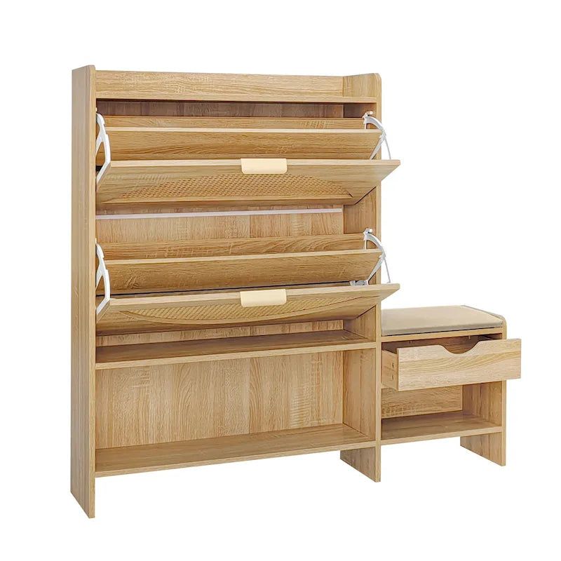 47.2  Rattan Shoe Storage Cabinet with 2 Flip Drawers, Narrow Shoe Rack Cabinet with 1 Storage Drawer & Bench for Hallway