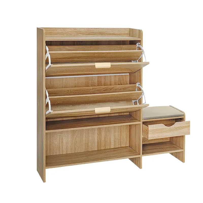 47.2  Rattan Shoe Storage Cabinet with 2 Flip Drawers, Narrow Shoe Rack Cabinet with 1 Storage Drawer & Bench for Hallway