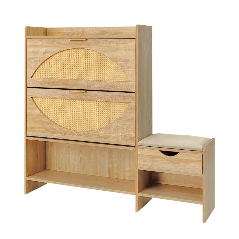 47.2  Rattan Shoe Storage Cabinet with 2 Flip Drawers, Narrow Shoe Rack Cabinet with 1 Storage Drawer & Bench for Hallway