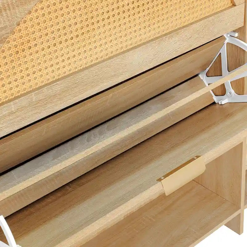 47.2  Rattan Shoe Storage Cabinet with 2 Flip Drawers, Narrow Shoe Rack Cabinet with 1 Storage Drawer & Bench for Hallway