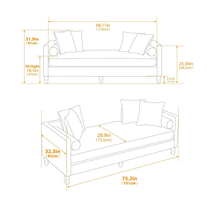 75.2  Chenille 3-Seater Sleeper Sofa with 4 Throw Pillows And 2 Bolsters