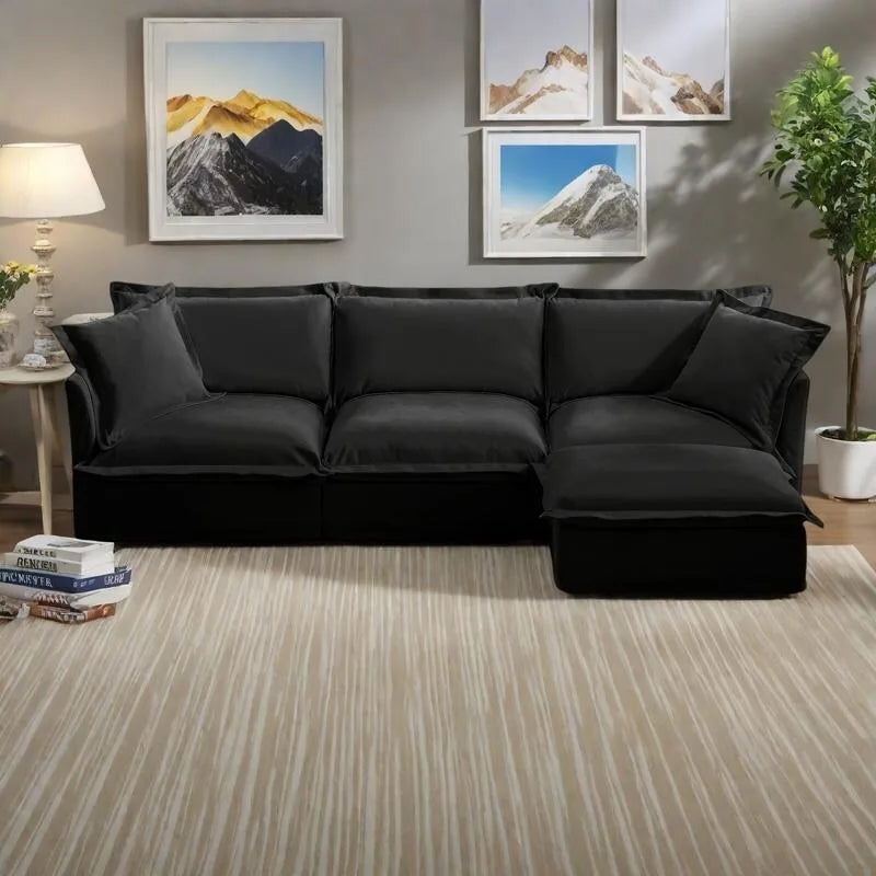 120  Chenille L-Shaped Sectional with Convertible Ottoman & 2 Pillows and 3-Seater Cloud Couch