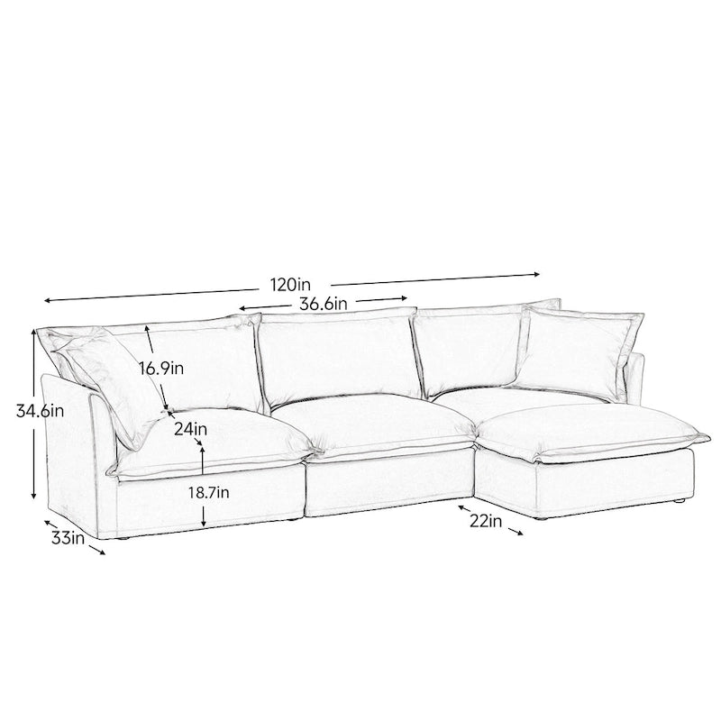 120  Chenille L-Shaped Sectional with Convertible Ottoman & 2 Pillows and 3-Seater Cloud Couch