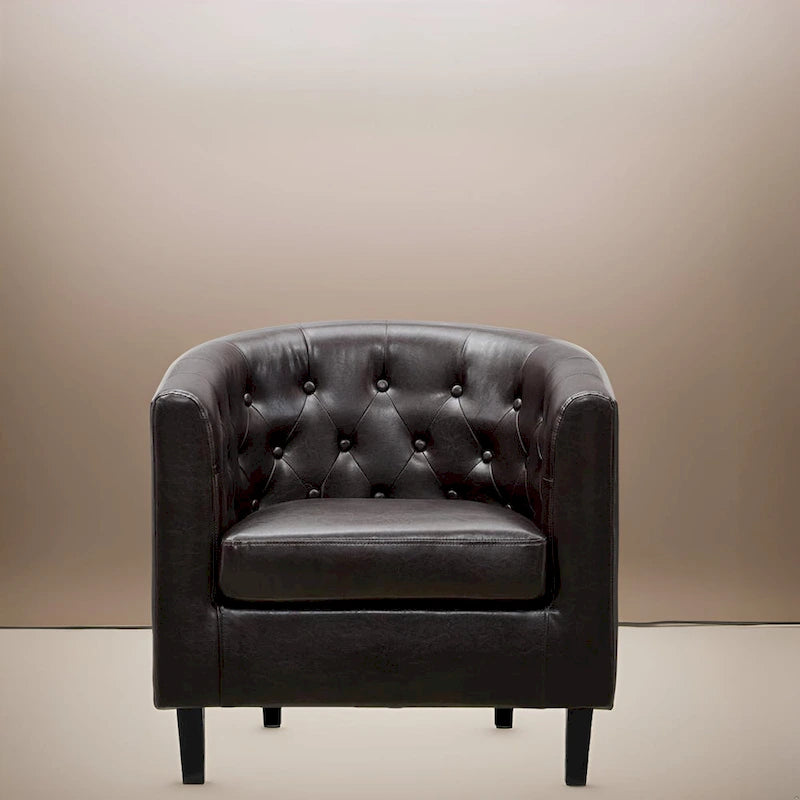 Accent Chair, Button Tufted Faux Leather Barrel Chair, Midcentury Modern Accent Chair, Comfy Armchair, Tub Barrel Chairs