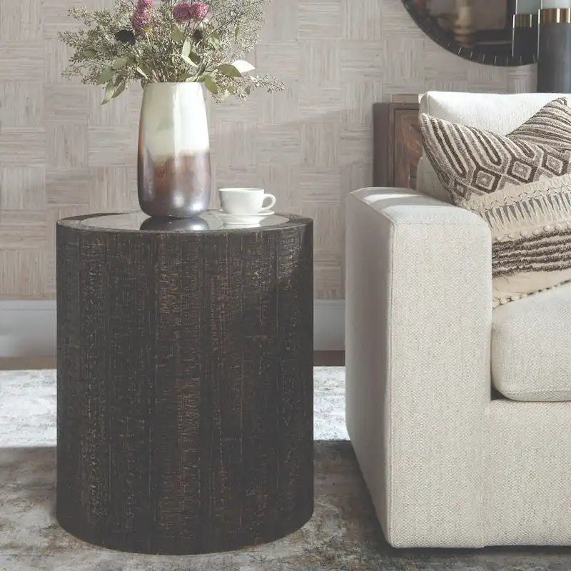 Mirrored Top Drum End Accent Table - 25  - Black