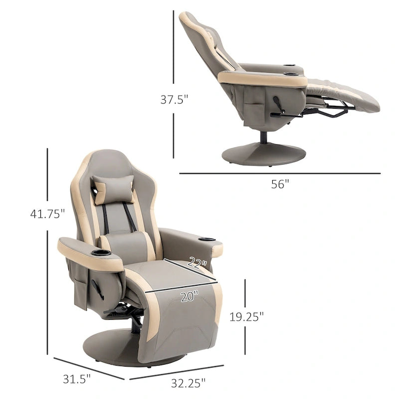PU Leather Manual Recliner Chair with 135 Recline, Adjustable Footrest, 360 Swivel, Cup Holders and Storage Pockets