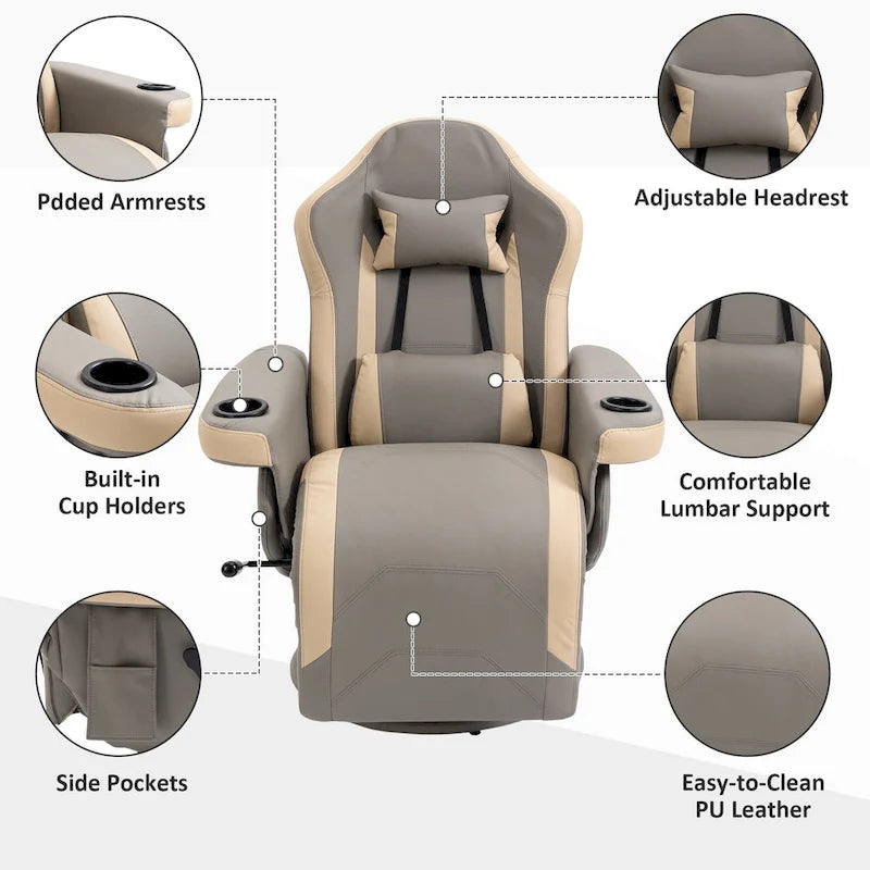 PU Leather Manual Recliner Chair with 135 Recline, Adjustable Footrest, 360 Swivel, Cup Holders and Storage Pockets