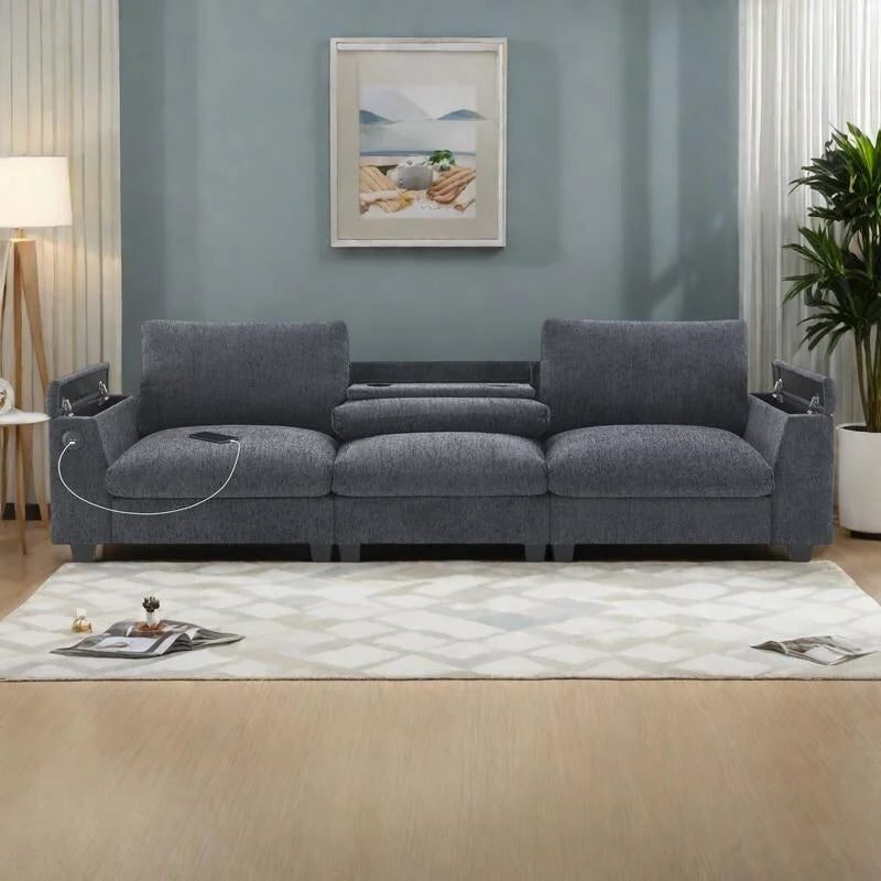 96  Chenille Smart Sectional Sofa with Bluetooth Speaker, Drop-Down Table & USB Charger and 3-Seater Cloud Couch