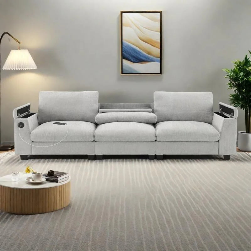 96  Chenille Smart Sectional Sofa with Bluetooth Speaker, Drop-Down Table & USB Charger and 3-Seater Cloud Couch