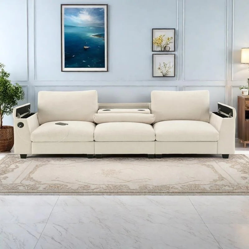 96  Chenille Smart Sectional Sofa with Bluetooth Speaker, Drop-Down Table & USB Charger and 3-Seater Cloud Couch