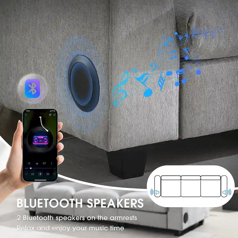 96  Chenille Smart Sectional Sofa with Bluetooth Speaker, Drop-Down Table & USB Charger and 3-Seater Cloud Couch