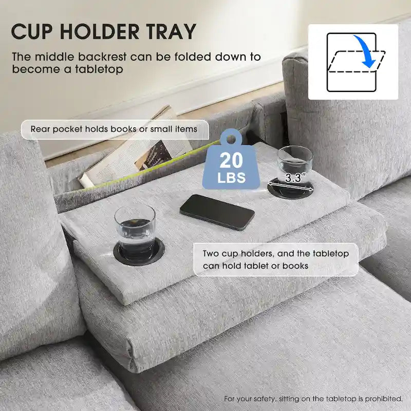 96  Chenille Smart Sectional Sofa with Bluetooth Speaker, Drop-Down Table & USB Charger and 3-Seater Cloud Couch