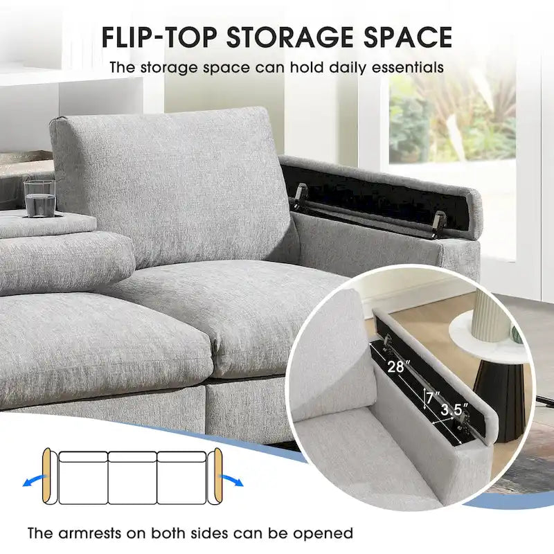96  Chenille Smart Sectional Sofa with Bluetooth Speaker, Drop-Down Table & USB Charger and 3-Seater Cloud Couch
